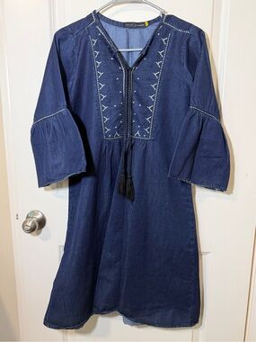 CELIO Navy Embroidered Midi Dress with Tassel Tie